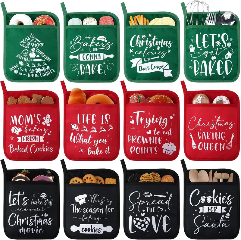 Layhit 12 Pieces Christmas Pot Holders with Pocket Heat Resistant Oven Mitts Hot Pads Farmhouse Cookie Bag for Kitchen Baking Cooking Appreciation Gift(Red and Green) - Image 1